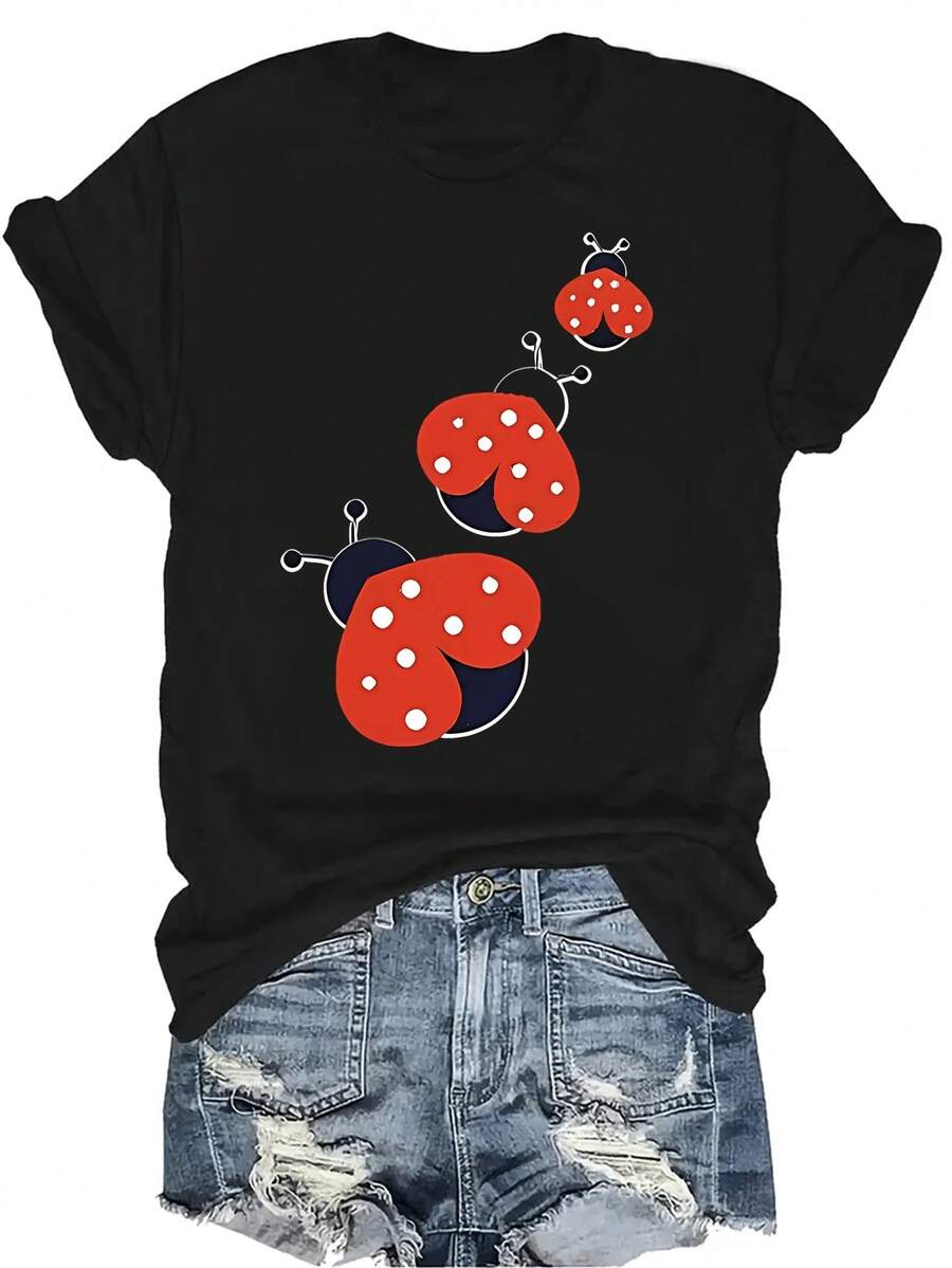 Camiseta con diseño encantador de mariquita, unisex, de verano, casual, transpirable, con cuello redondo, manga corta, ropa de calle, versátil, adecuada para adolescentes y adultos - Negro - Ver 1