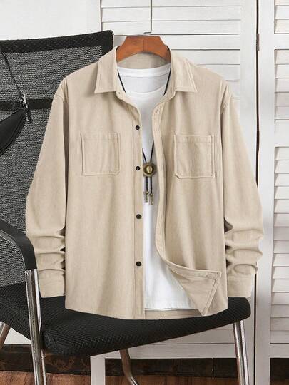 Teenage Boys' Popular Corduroy Casual Shirt, Turndown Collar Button Long Sleeve Cardigan With Dual Pockets, Suitable For Daily Casual, Fashion, Commuting, Street Style, Spring/Autumn