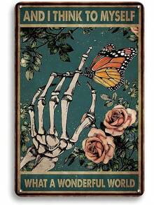 Vintage Thick Metal Tin Sign-Treat Your Mind With Kindness Sign 55QQ - 多麼奇妙的世界--骷髏蝴蝶 - 查看 1