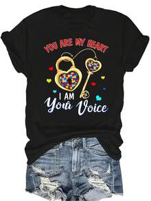 Camiseta "Austim Kids Are Au Some" Unisex de verano, casual, transpirable, de personalidad, cuello redondo, manga corta, ropa de calle, versátil, adecuada para adolescentes y adultos - Negro - Ver 1