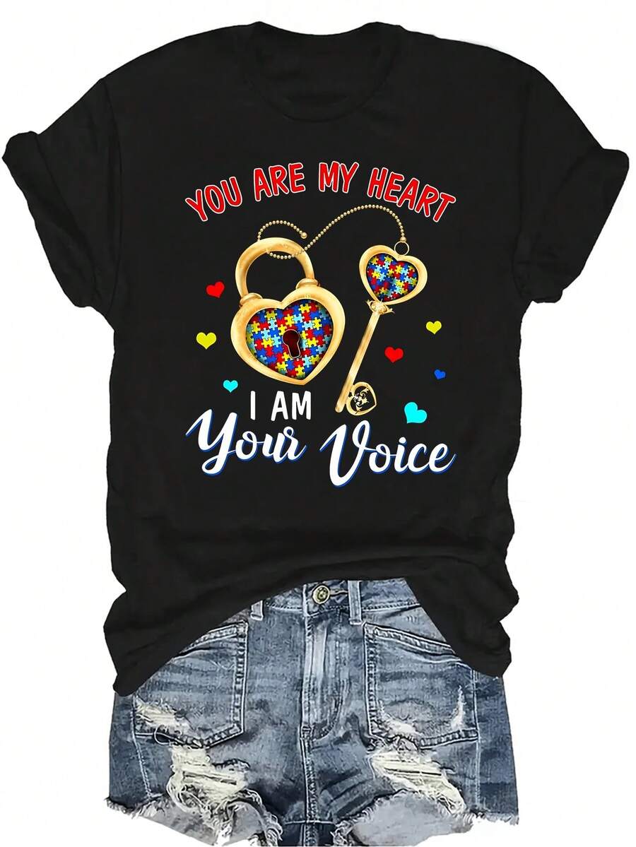 Camiseta "Austim Kids Are Au Some" Unisex de verano, casual, transpirable, de personalidad, cuello redondo, manga corta, ropa de calle, versátil, adecuada para adolescentes y adultos - Negro - Ver 1