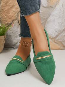 43 Wide Fit Pointed Toe Slip-On Flats With Gold Stripe Decor, Comfortable Casual Ballet Flats For Daily Outdoor Wear, Spring/Autumn - Green - View 6