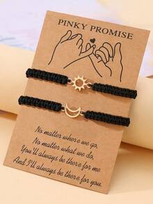 Goodwaro 2pcs Creative Metal Sun & Moon Handmade Couple Bracelets, Suitable For Girlfriends, Best Friends, Sisters, Daily Wear, Comes With Card Packaging - Black - View 5