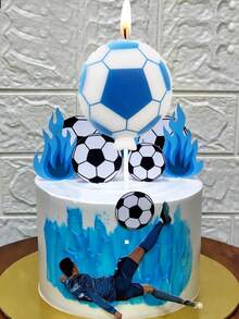 蓝色足球造型庆典蛋糕装饰蜡烛，适用于周年纪念、生日派对 - 藍色 - 查看 1