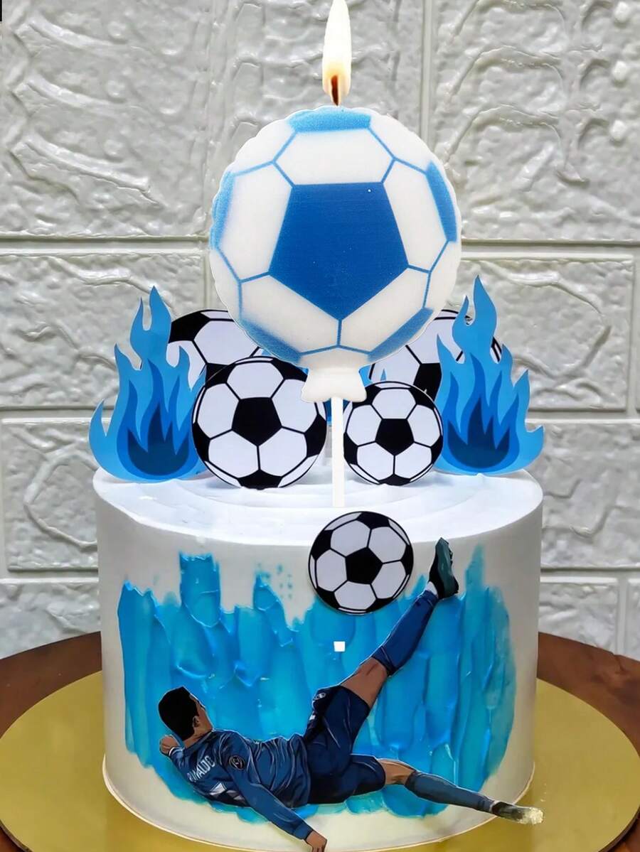 蓝色足球造型庆典蛋糕装饰蜡烛，适用于周年纪念、生日派对 - 藍色 - 查看 1
