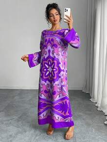 Middle Eastern Style Women's Abaya Dress, Round Neck, Color Block Print, Long Loose Fit Long Sleeve Ruffle Cuff, Elegant, Vacation Vibe, Holiday, Autumn/Winter Casual Maxi Dress, Evening Gown