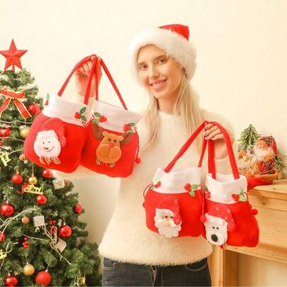 1pc/5pcs Christmas Gift Bag With Handle, Christmas Themed Candy Bag, Santa Claus, Christmas Elk, Christmas Polar Bear, Christmas Snowman Style Christmas Gift Storage Bag, Drawstring Design Drawstring Bag