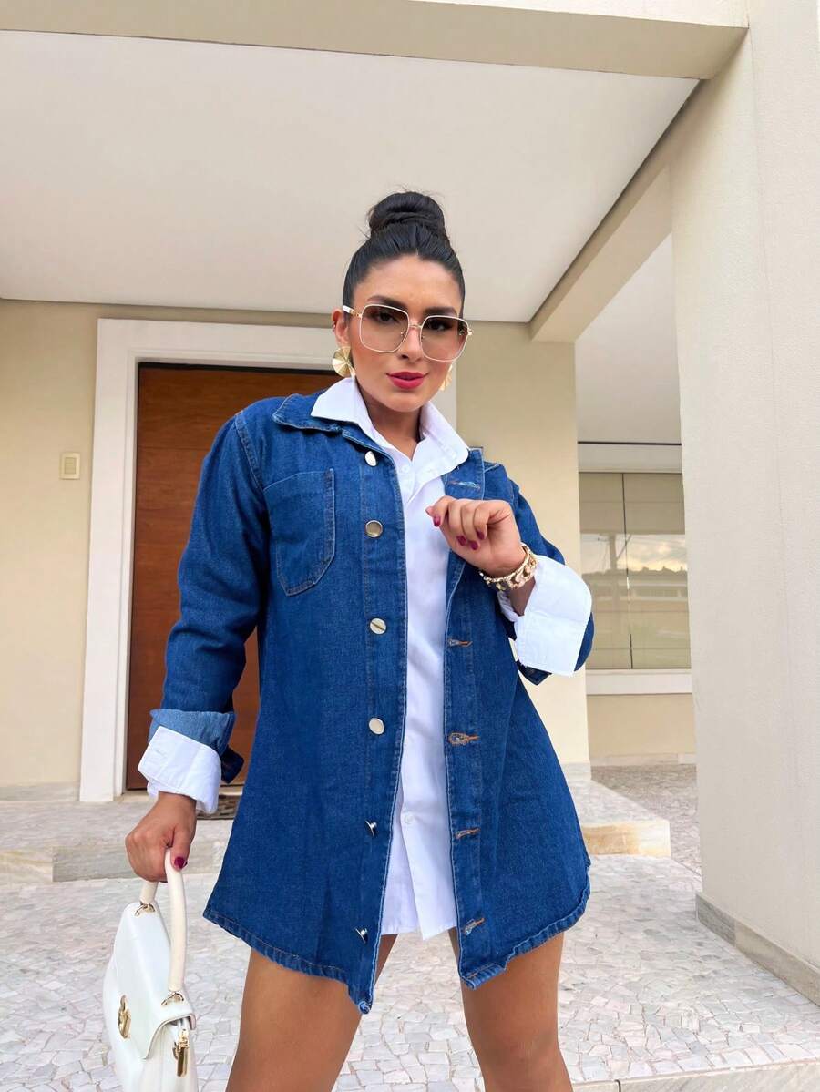 Denim Jacket Shirt Over Thick Jeans Women's Without Lycra - Rửa tối - Xem 1