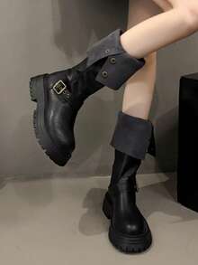 女士厚底高筒靴，复古做旧皮革搭扣绑带时尚靴，2025春秋新款，派对必备