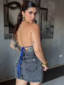 Cropped Top Curtain With Padded Cups And Adjustable Straps, Halter Front With Ruffles And Ties At The Back, Women's Clothing Fashion - Azul - Ver 5
