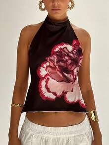 Women's Y2K High Neck Halter Tank Tops Sleeveless Slim Fit Crop Tops Backless Dots/Flower Print Vest Summer Casual Going Out Tops Streetwear - màu đen - Xem 1