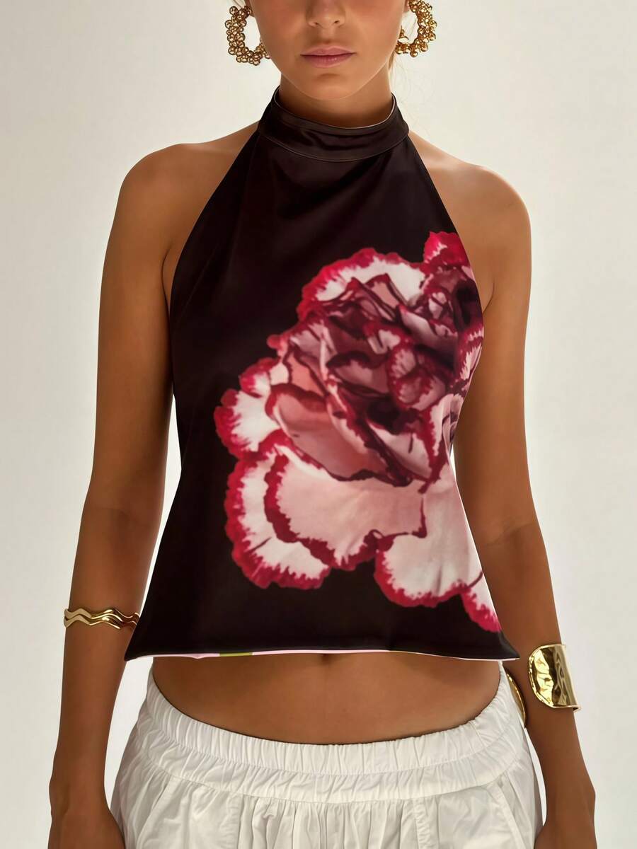 Women's Y2K High Neck Halter Tank Tops Sleeveless Slim Fit Crop Tops Backless Dots/Flower Print Vest Summer Casual Going Out Tops Streetwear - màu đen - Xem 1
