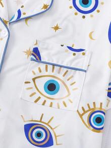 2pcs/Set Women Plus Size Cool Light Blue Eye Print Pajama Set, Soft Short Sleeve Shirt With Collar & Button, And Elastic Waist Shorts, Stylish Sleepwear For Daily, Holiday Party, Casual Home & Outdoor Wear - Blue - View 5