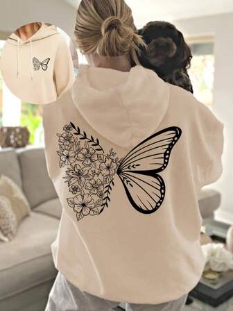 Sudadera con capucha con estampado de flores y mariposas, de talla grande, informal para otoño/invierno