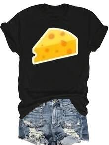 Camiseta con icono de queso Unisex, de verano, casual, transpirable, de personalidad, de cuello redondo, de manga corta, de ropa urbana, versátil, adecuada para adolescentes y adultos - Negro - Ver 1