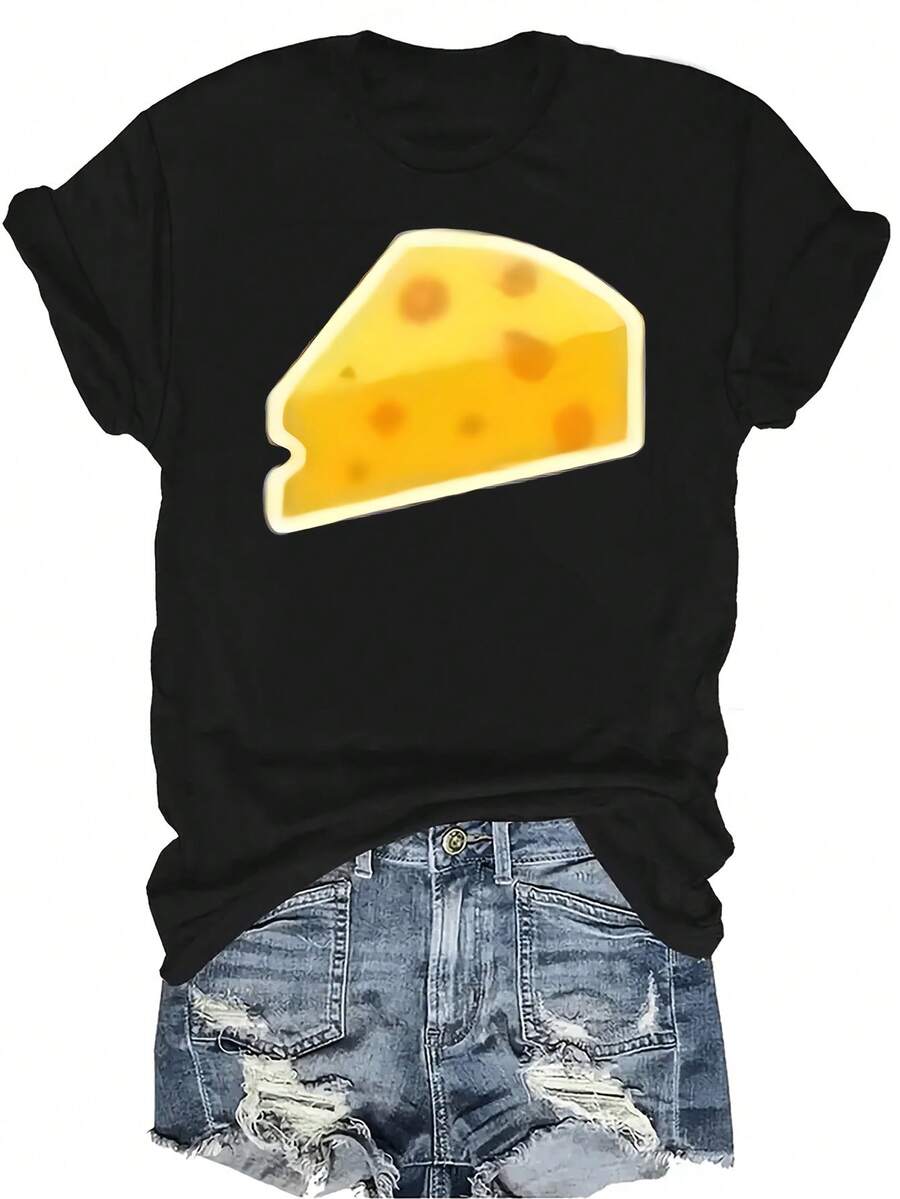 Camiseta con icono de queso Unisex, de verano, casual, transpirable, de personalidad, de cuello redondo, de manga corta, de ropa urbana, versátil, adecuada para adolescentes y adultos - Negro - Ver 1