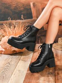 Fall/Winter 2025 Women's Minimalist Front Tie Side Zipper Waterproof Platform Chunky Heel Black Fashion Boots - Black - View 3