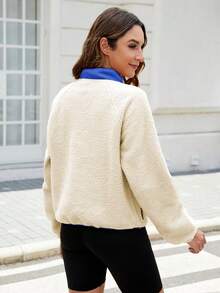 Women's Lightweight Fleece Pullover Jacket Cropped Fall Winter Fuzzy Sherpa Jacket Sweatshirt Coat With Pockets - 米色 - 查看 2