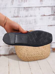 女士针织平底乐福鞋，舒适方头一脚蹬鞋，透气休闲妈妈鞋，春秋季 - 深藍色 - 查看 7