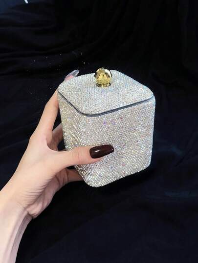 1pc Luxury Crystal Cotton Swab Box, Makeup Pad Pad Holder, Vanity Countertop Dust-Proof Makeup Organizer Box, Bathroom Storage Box, Wedding Birthday Party Holiday Gift, Handmade Crystal Decor, Music Festival