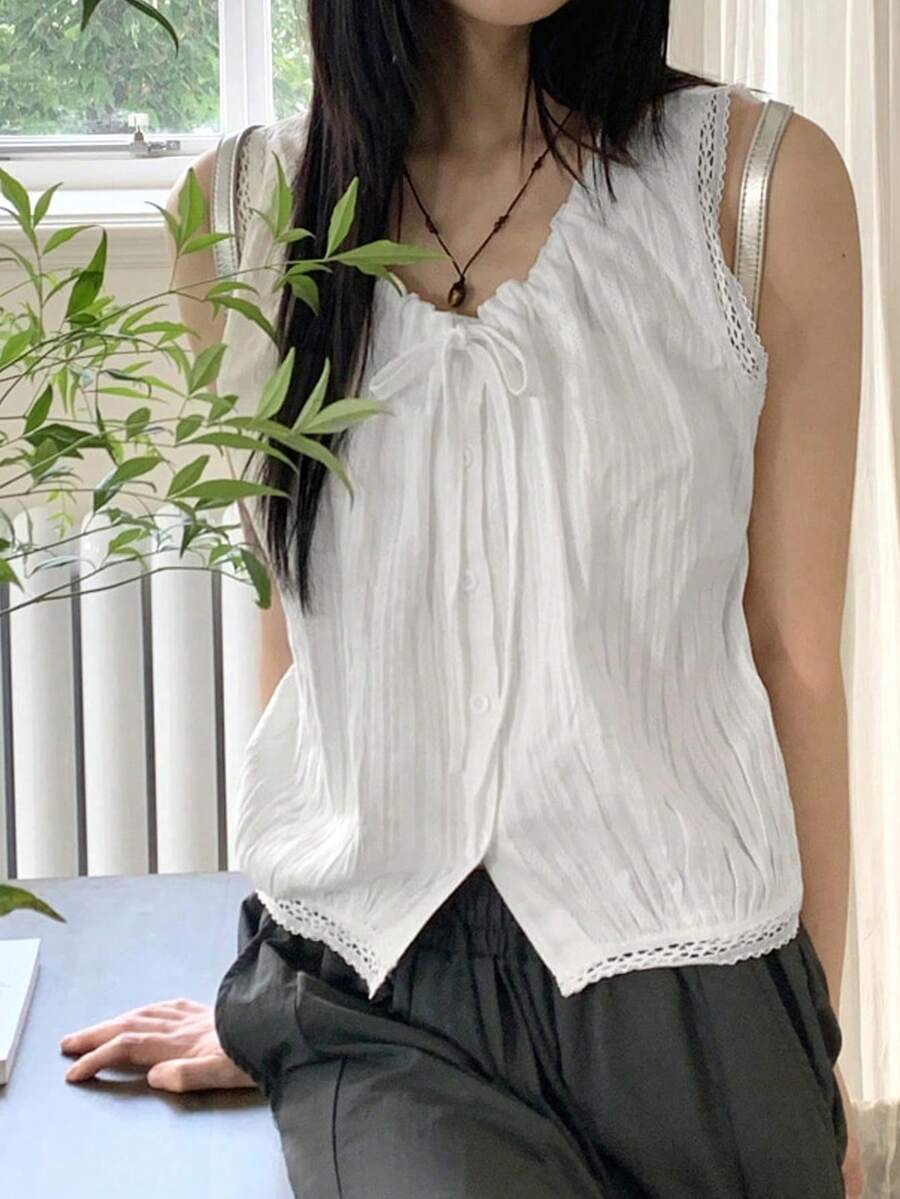 2025夏季女装新款休闲简约时尚搭配套装，抽绳设计上衣 - 白色 - 查看 1