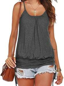 Tops Women Lace Up Shirt - Summer Spaghetti Strap Tank With Side Shirring & Banded Bottom - 深灰色 - 查看 1