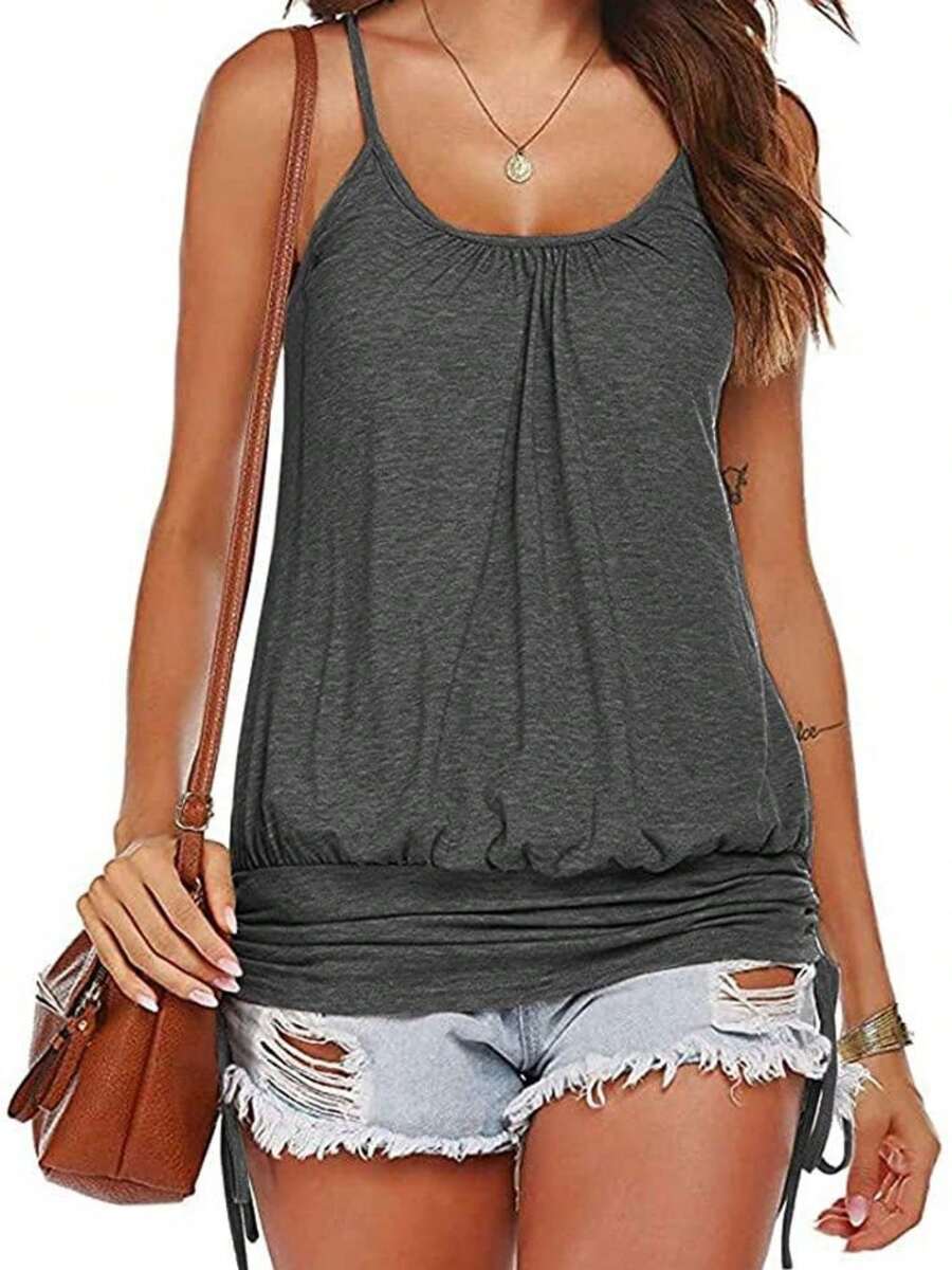 Tops Women Lace Up Shirt - Summer Spaghetti Strap Tank With Side Shirring & Banded Bottom - 深灰色 - 查看 1