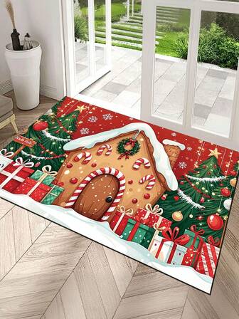 1 pieza Felpudo de bienvenida con diseño de casa navideña, árbol de Navidad y regalo de Navidad - Adecuado para decoración navideña interior y exterior, lavable a máquina, antideslizante, alfombra de poliéster