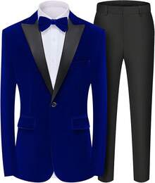 2026 Men's Casual Blazer & Pant Set  Men's 2 Piece Velvet Suit Peak Lapel One Button Slim Fit Tuxedo Blazer Party Dinner Jacket & Pants Relaxed Stretch Fit For Smart Casual Events - 藍峰翻領 - 查看 1