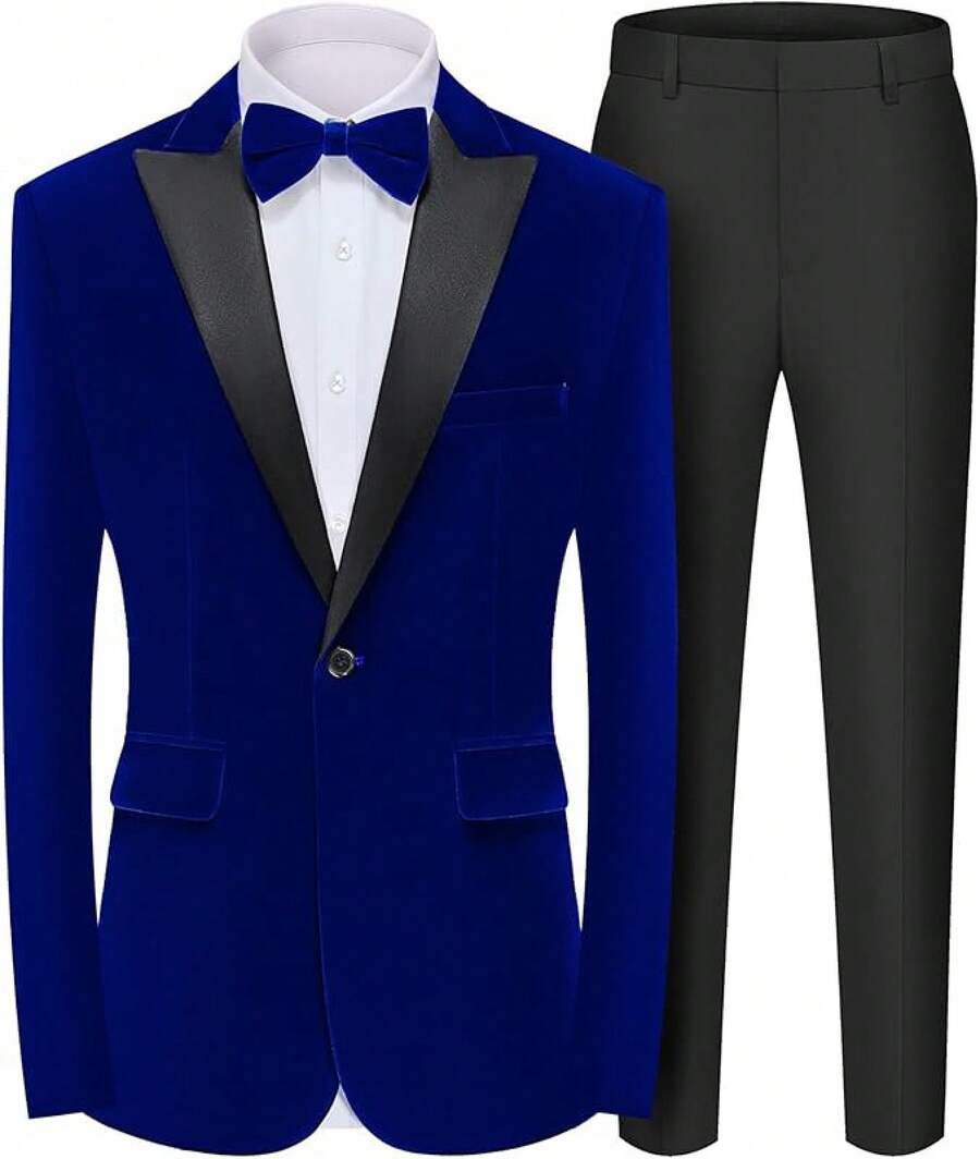 2026 Men's Casual Blazer & Pant Set Men's 2 Piece Velvet Suit Peak Lapel One Button Slim Fit Tuxedo Blazer Party Dinner Jacket & Pants Relaxed Stretch Fit For Smart Casual Events - 藍峰翻領 - 查看 1