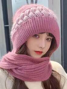 1 pièce Nouveau bonnet tricoté une pièce pour femmes en hiver, bonnet chaud avec polaire et renforcé, bonnet de neige et écharpe intégrée pour protéger les oreilles, bonnet en laine, , unique et polyvalent. Tenue d'automne, cadeau de la Saint-Valentin - Multicolore - Voir 5