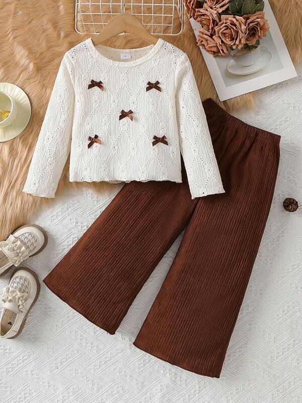 2 Stücke/Set Mädchen Sweatshirt mit strukturierter Stoff-Schleife Dekor & weite Hose, Langarm Pullover Hoodie + locker sitzende Freizeithose, geeignet für Ausflüge im Frühling/Herbst