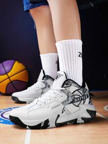 Men's All-Season Sports Shoes, Basketball Shoes, Wear-Resistant Shock-Absorbing Rebounding Non-Slip Asymmetrical Print Outsole, Breathable And Comfortable, Suitable For Outdoor Sports And Competitions, Size 39-48 Large Size Men's Shoes, Men's Sports Shoes, Running Shoes (Asymmetrical Print Pattern) - White and Black - View 6