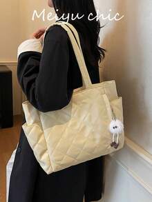 Sac fourre-tout à l'épaule de grande capacité à la mode, de couleur unie, avec une conception de double poignée piquée, léger et portable. Sac à main 2-en-1 de style universitaire en canevas, sac fourre-tout matelassé décontracté de grande capacité pour femmes, idéal pour les voyages et le tourisme d'été en extérieur, sac à dos essentiel - Jaune citron - Voir 5