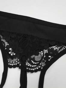 Custom Women Sexy Underwear, Rhinestone Letter Decor New Sexy Ladies Lingerie, Open Crotch Lace Sheer See-Through G-String Panties