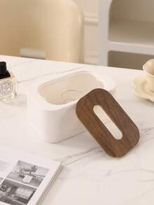 1pc Nordic Minimalist Style Large Capacity Tissue Box With Spring And Wooden Lid. Can Accommodate 99% Of Tissue Sizes, Suitable For Storing Facial Tissues, Wet Wipes And Daily Tissues. Also An Ideal Home Decor Choice For Bathroom, Bedroom, Living Room, Office, And As A Gift For Halloween, Thanksgiving, Christmas, National Day And Other Holidays. - Multicolor - View 5