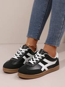 女士时尚新款春秋圆头户外休闲运动鞋，几何拼接条纹粉色运动鞋，舒适柔软休闲鞋，滑板鞋，白色运动鞋 - 黑色 - 查看 3