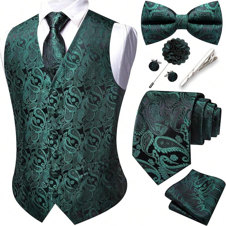Formal Men Vest V-Neck Suit Vests Tie Bowtie Set Paisley Jacquard Waistcoat Clip Hanky Cufflink Lapel Pin Wedding 8PCShalloween - 綠色佩斯利花紋 - 查看 1