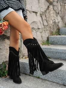 Bốt tua rua cổ chữ V màu đen phong cách Punk cổ điển, giày cao gót mũi nhọn bằng da lộn tua rua đinh tán thời trang thu đông 2025, bốt cao đến bắp chân, giày bốt nữ - màu đen - Xem 3