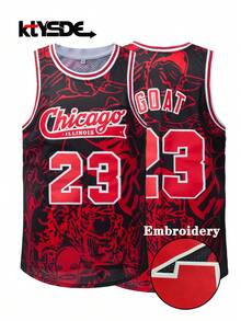 KTYSDE Men's #23 Black & Red Color Embroidered Basketball Jersey, Loose Fit Crew Neck Sleeveless Blokecore Sports Top - Multicolor - View 1
