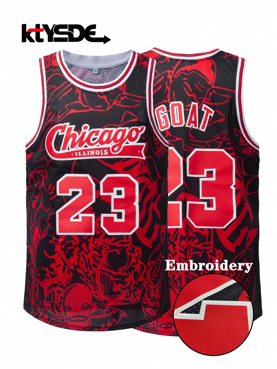 KTYSDE Men's #23 Black & Red Color Embroidered Basketball Jersey, Loose Fit Crew Neck Sleeveless Blokecore Sports Top - Multicolor - View 1