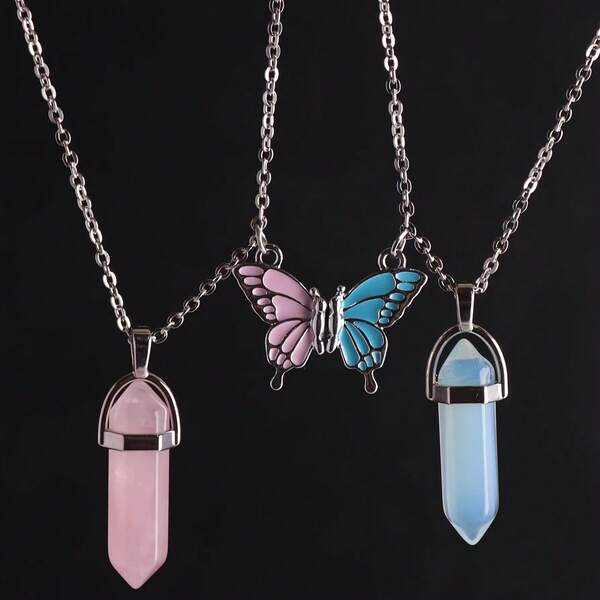 2 Stück/Set Natürlicher Kristall Hexagon Schmetterling Anhänger, Rosenquarz Achat Kugel Anhänger Halskette, abnehmbarer Schmetterling Anhänger, geeignet für Paare, Freunde, Valentinstag, Geburtstaggeschenke