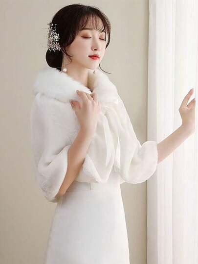 1pc New Bride Wedding Dress/Autumn & Winter Pearl Short Faux Fur Shawl, Elegant Classic White Cape Poncho Vest. Suitable For Daily Party, Stage Performance, Photo Shoot Outfit Accessory.