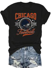 Camiseta de fútbol de Chicago, unisex, de verano, casual, transpirable, con personalidad, cuello redondo, manga corta, ropa de calle, versátil, adecuada para adolescentes y adultos - Negro - Ver 1