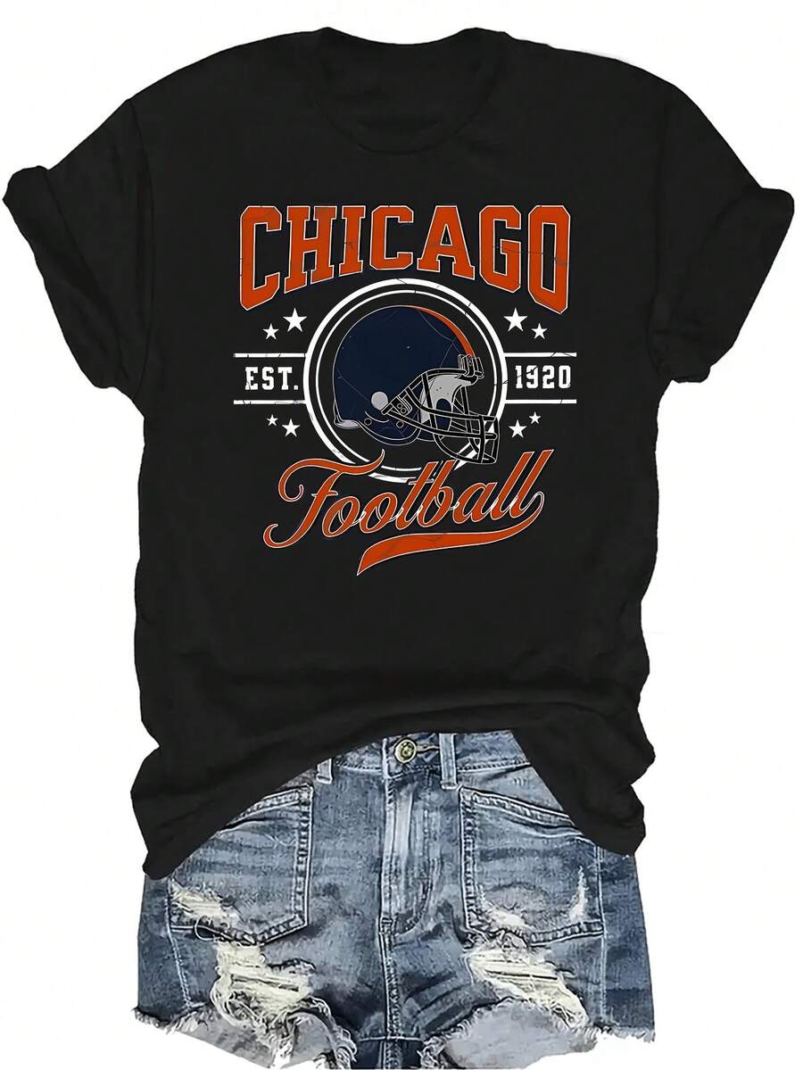 Camiseta de fútbol de Chicago, unisex, de verano, casual, transpirable, con personalidad, cuello redondo, manga corta, ropa de calle, versátil, adecuada para adolescentes y adultos - Negro - Ver 1