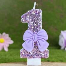 1 件闪亮紫色闪光蜡烛，配有奢华蝴蝶结装饰，生日派对婚礼装饰 - 淺紫領結 - 查看 14