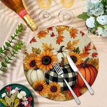 Set 4 buc/6 buc/8 buc, vază florală de toamnă cu model dovleac de Ziua Recunoștinței, frunză de arțar, floarea-soarelui, covorașe rotunde în carouri, 14 inch, stil vintage de casă de la țară, decor de masă de toamnă pentru petrecere, bucătărie, sufragerie - Multicolor - Vizualizare 15