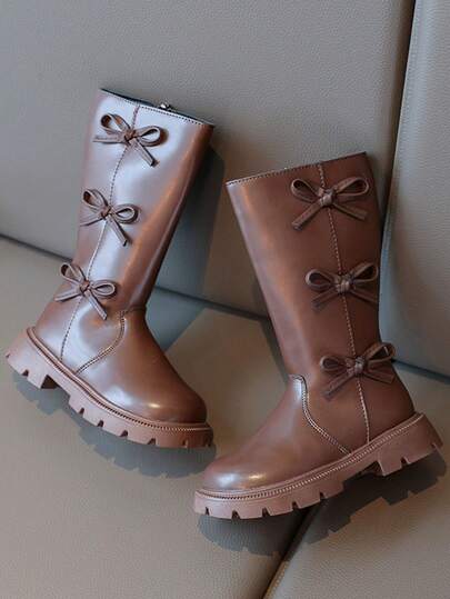 1 Pair Coffee Brown Girls' High-Top Boots, Soft & Comfortable PU Fabric, Bowknot Side Zipper Design, Warm Soft Sole, Fashionable Cute Classic Boots, Suitable For Female Students' Daily Wear, Vacation, Campus, Outdoor, Autumn/Winter New Style