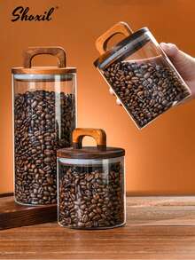 shoxil 1pc Coffee Bean Sealed Jar With Handle Wooden Lid Storage Jar Coffee Bean Glass Sealed Jar - Glass Bean Jar With Wooden Handle - View 8