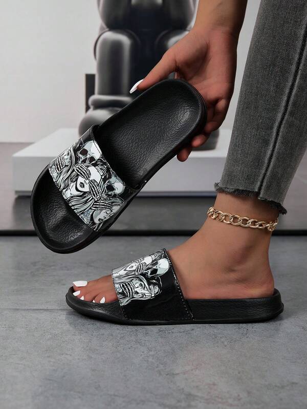 Novos chinelos femininos, design de cabeça de caveira, leves, modernos, versáteis, confortáveis, macios, respiráveis, antiderrapantes, com absorção de choque para ambientes internos/externos